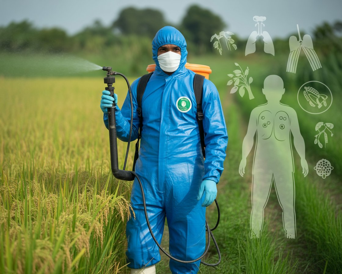 Indian farmer wearing Kisan Kavach suit in farmland